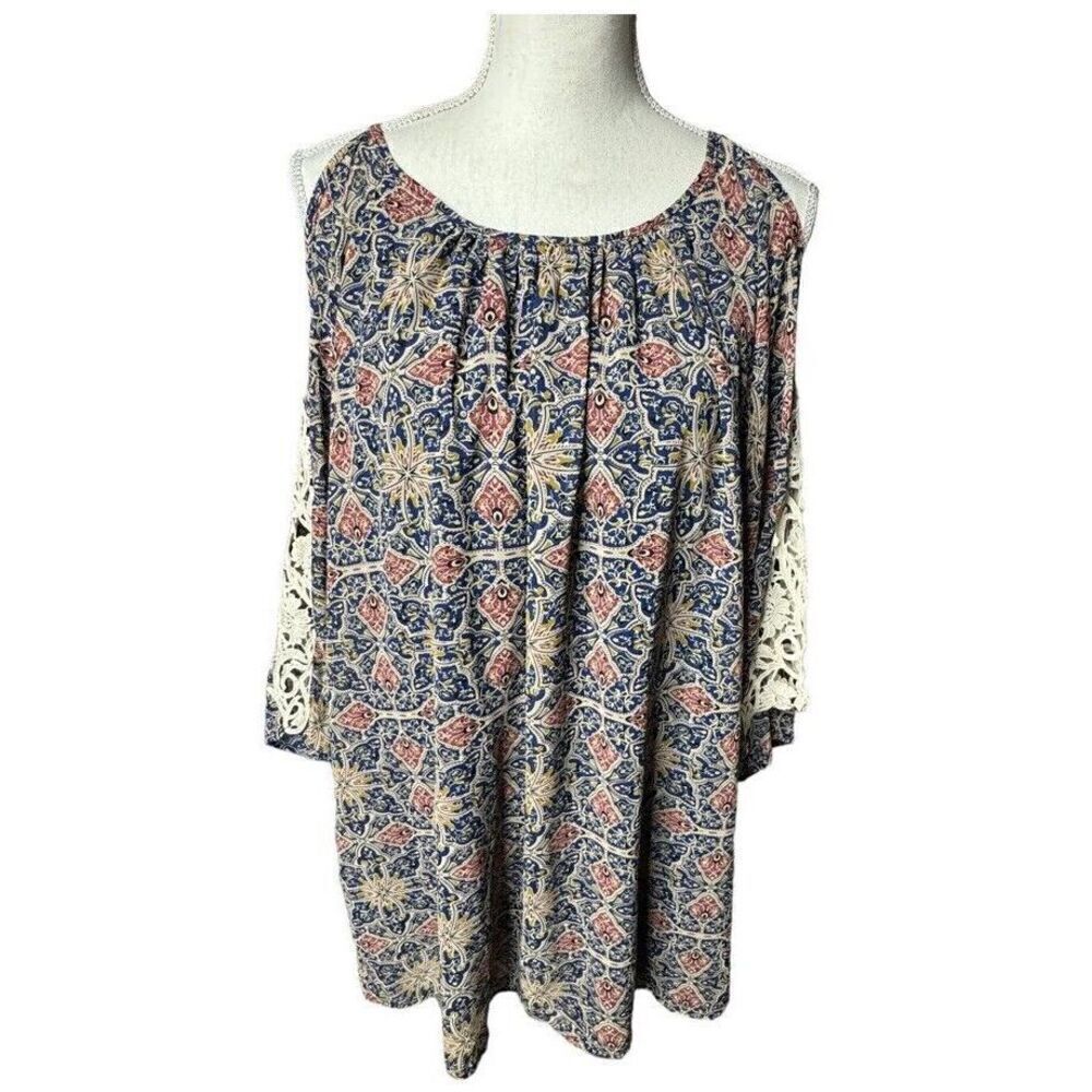 Umgee Multicolor Baby Doll Swing Mini Dress Cold Shoulder Novelty Print Size M